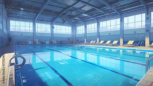 Indoor swimming pool. swimming. illustration background.｜屋内スイミングプール。水泳。イラスト背景 © happy Wu 