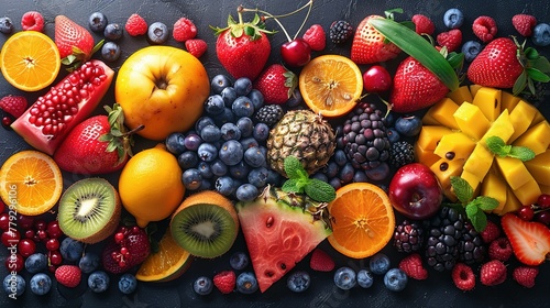 There are a variety of tropical fruits and mixed berries in this image  topped with syrup and juice. Watermelon  banana  pineapple  strawberry  orange  mango  blueberry  cherry  raspberry  papaya. A