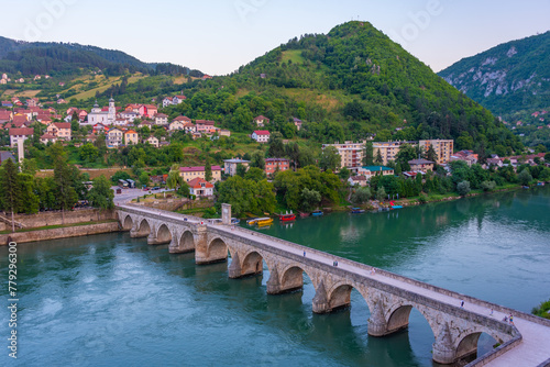 Sunrise view of Mehmed Pasa Sokolovic Bridge in Visegrad, Bosnia and Herzegovina