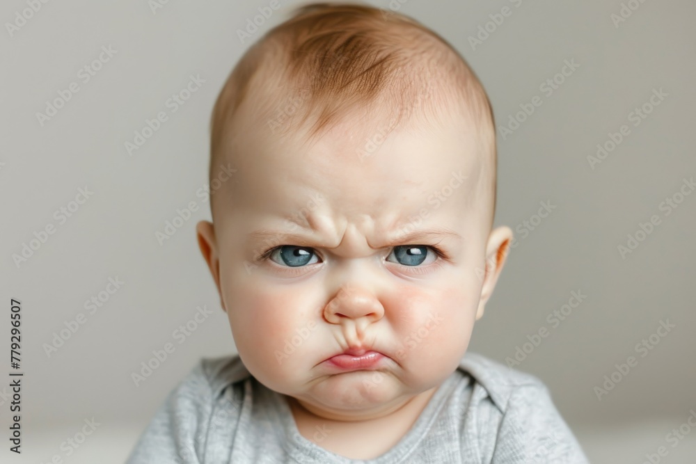 A portrait of a baby with a disgusted expression. The nose is wrinkled and the mouth is turned down. The baby is repulsed and disgusted.