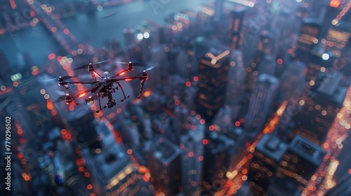 The drone hovers effortlessly above the city capturi AI generated illustration © ArtStage