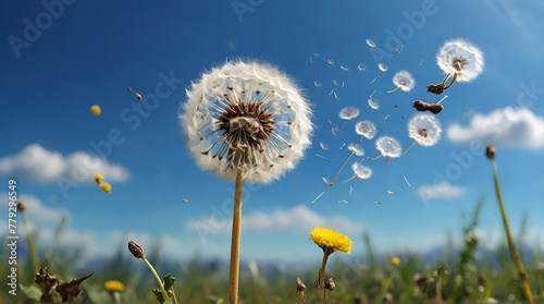 Dandelion flower with seeds flying away by wind at blue sky landscape background.generative.ai