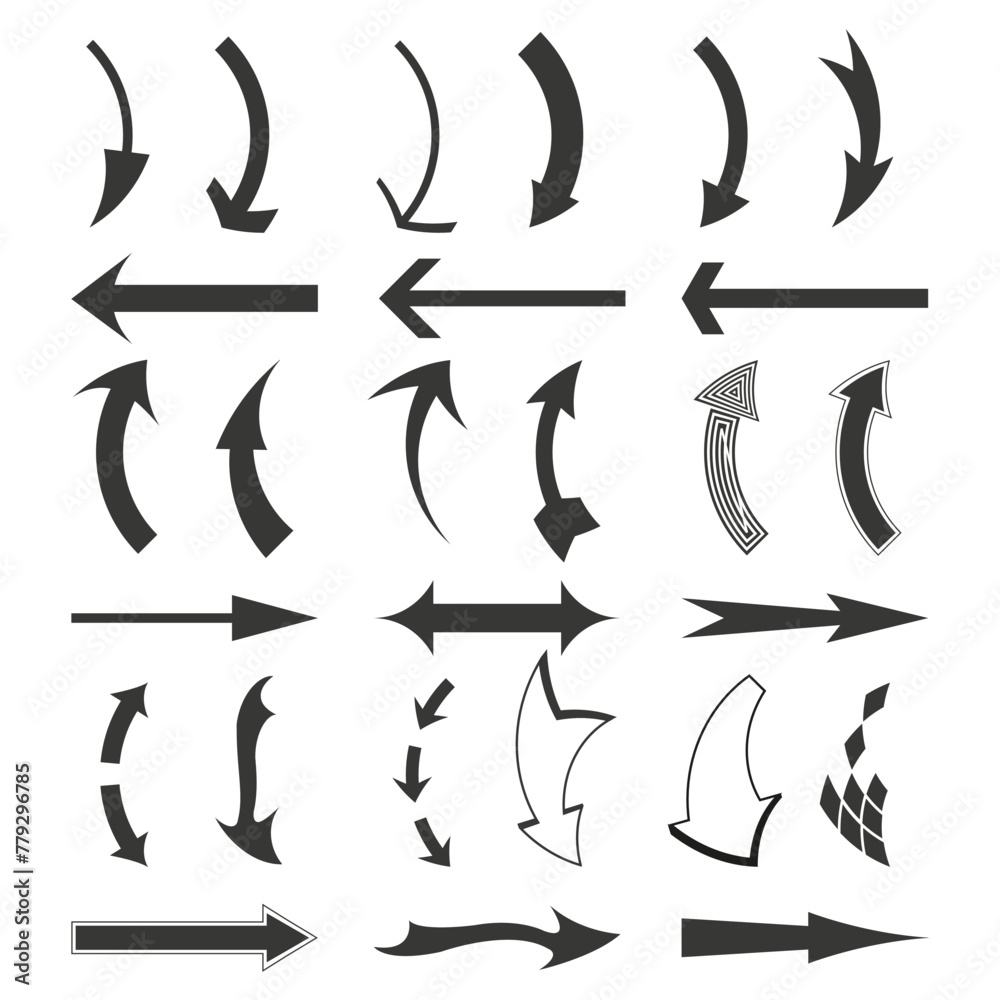 Variety of arrow icons. Navigation and direction. Graphic design elements. Vector illustration. EPS 10. Variety of arrow icons. Navigation and direction. Graphic design elements. Vector illustration. EPS 10.