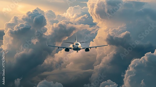 The elegance of a white passenger plane flying amids  AI generated illustration photo