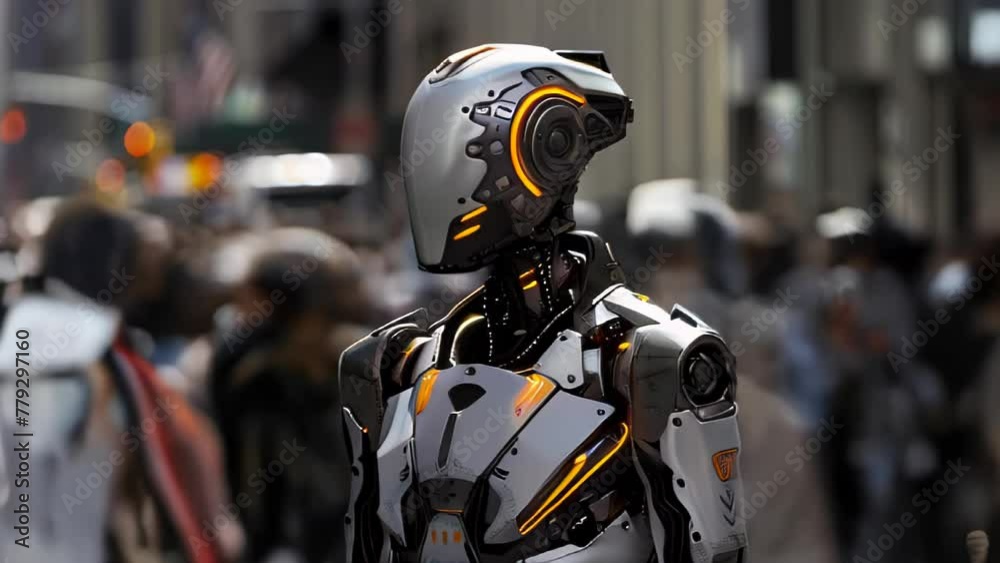 A humanoid robot with a futuristic design navigates skillfully through a bustling city crowd. A humanoid robot with a futuristic design navigates skillfully through a bustling city crowd.