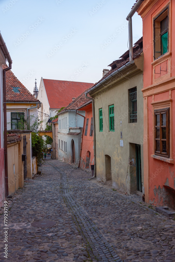 Colourful street in the old town of Sighisoara, Romania