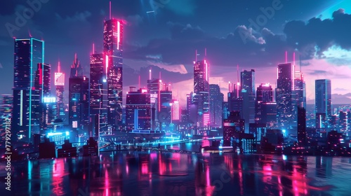 The futuristic glow of neon lights against the city  AI generated illustration © ArtStage