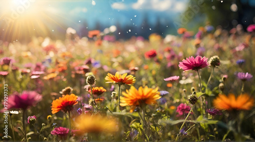 Colorful flower meadow with sunbeams and bokeh lights in summer.generative.ai © Neelam