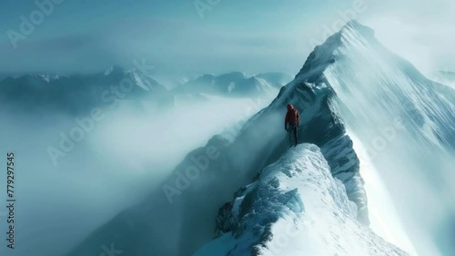 A man in an orange jacket stands on a snow covered mountain peak 4K motion photo