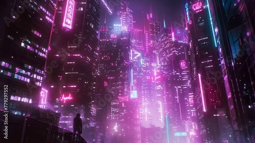 The interplay of neon lights and skyscrapers in a te  AI generated illustration