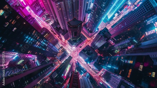 The interplay of neon lights and skyscrapers in a te AI generated illustration