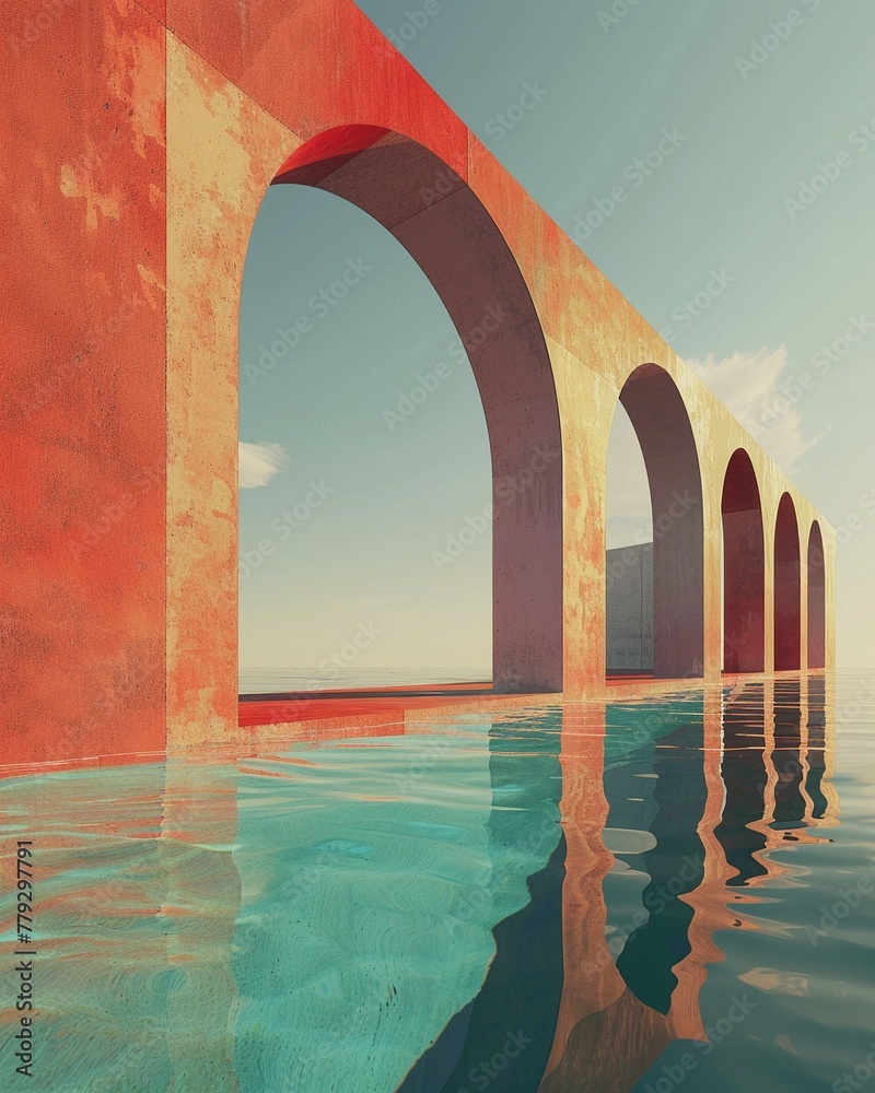 Minimalist aqueduct, modern architecture, water purification theme, clear skies , no grunge, splash, dust