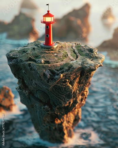 Location marker on a floating island, miniature lighthouse guide, digital map for explorers , clean sharp focus photo