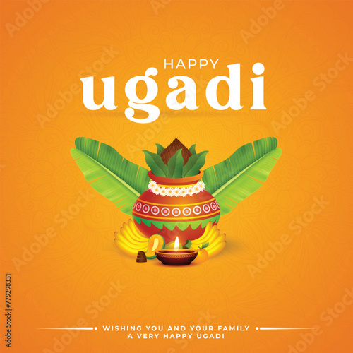 Greeting card with Kalash and traditional food pachadi with all flavors for Indian New Year festival Ugadi (Gudi Padwa, Yugadi). Vector illustration. photo