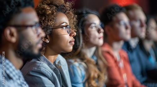 A group of colleagues attending a conference. They are all listening attentively, and they look like they are learning a lot.