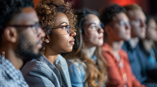 A group of colleagues attending a conference. They are all listening attentively  and they look like they are learning a lot.