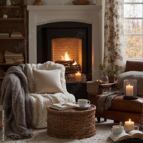 Create a cozy fireside reading nook: warm glow, books, plush armchair, steaming tea—relaxation awaits. 