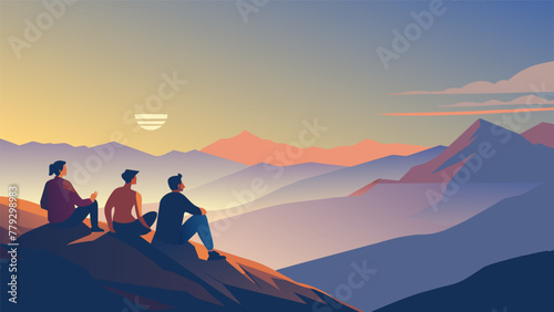 A group of hikers sit atop a windy peak sharing stories and laughter as the sun slowly rises in the background. The expansive view from the