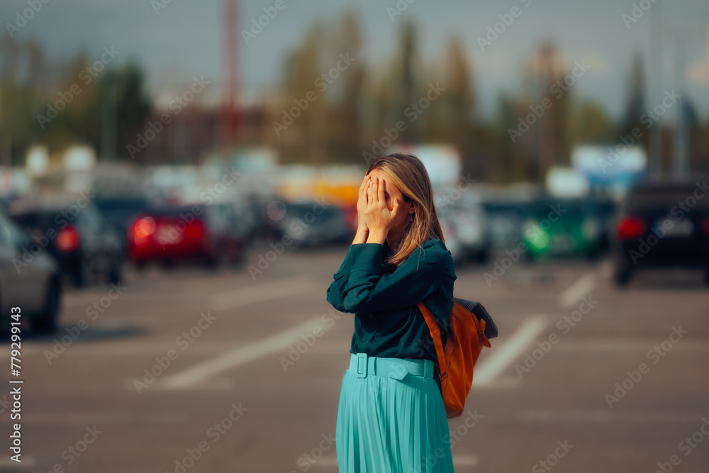 Desperate Woman Not Finding her Car in the Public Parking Lot. Unhappy ...