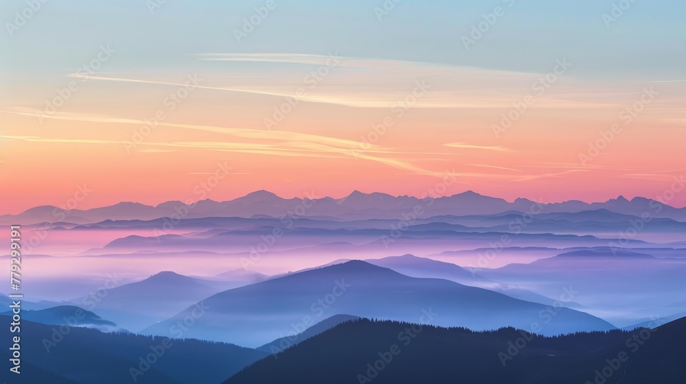 The subtle colors of a sunrise over the mountains  AI generated illustration
