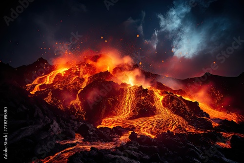 molten lava flowing down the slopes of a volcano, the vibrant orange glow illuminating the night, with billowing smoke and sparks adding to the intensity © SaroStock