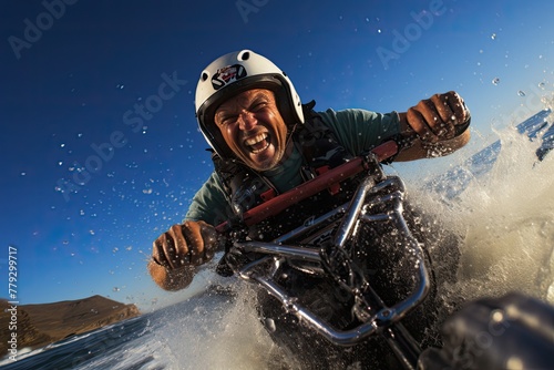 professional man water skiing, skillfully navigating through the waves with a backdrop of the ocean, the splash of water and the determination on his face adding to the excitement photo