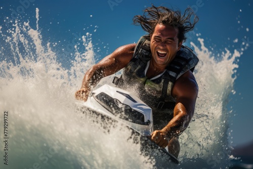 professional man water skiing, skillfully navigating through the waves with a backdrop of the ocean, the splash of water and the determination on his face adding to the excitement