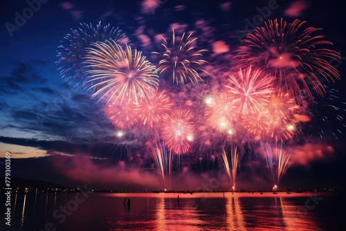 beautiful fireworks illuminating the dark sky, vibrant bursts of color and light creating a dazzling spectacle