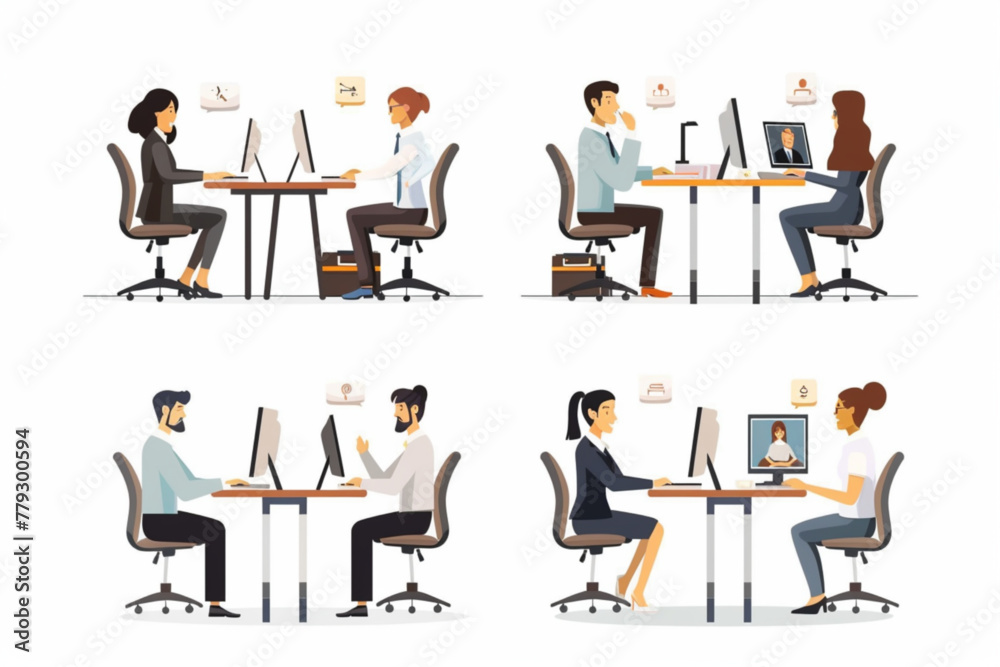  Online business meeting. Set of scenes with office employees or workers discussing project with director on remote video conference. Cartoon 3D vector illustrations isolated on white background