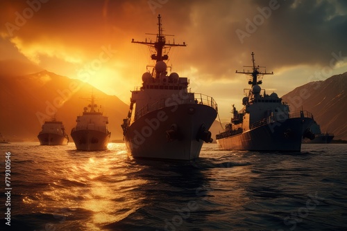 cinematic portrayal military navy ships in a sea bay during the golden hour. silhouette of ships vibrant sunset, lens flares and dynamic composition heroic nature of the naval setting