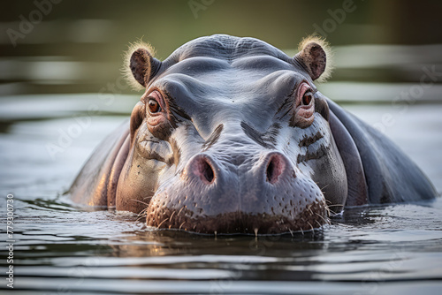 hippopotamus submerged in calm water, partially visible with nostrils and eyes above the surface, showcasing the serene beauty of these powerful creatures in their aquatic habitat photo