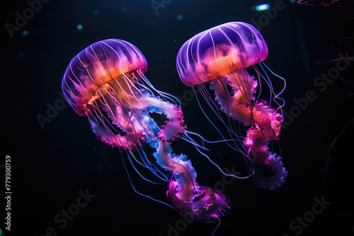 bioluminescent jellyfish gracefully floating in dark waters, their translucent bodies radiating ethereal colors, capturing the enchanting beauty of these underwater creatures © SaroStock