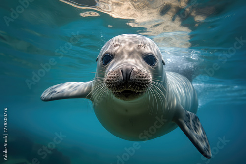 seal gracefully swimming in crystal-clear water, its sleek body moving effortlessly beneath the surface, capturing the joy and agility of these marine creatures © SaroStock