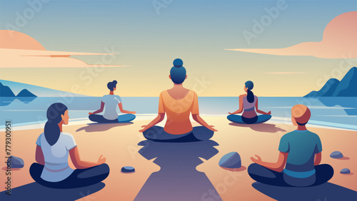 Surrounded by a circle of meditative stones on the beach a group of yogis sit in silence their eyes closed and their breathing synchronized.