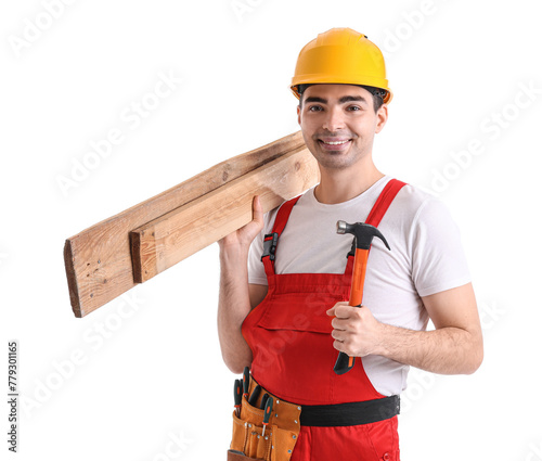 Young carpenter with wooden...