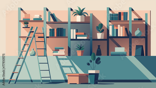 In a cozy studio apartment a bookshelf made from repurposed ladders stands against the wall holding a mix of books and potted plants. The