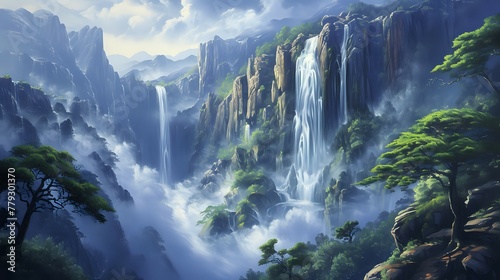 Veil of Grandeur: Waterfall Symphony in the Canyon./n
