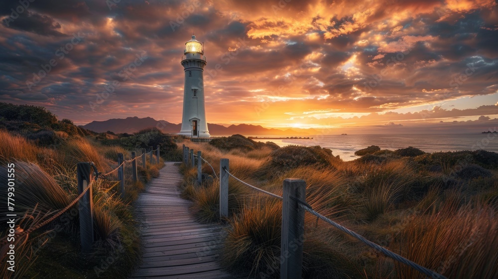 A lighthouse on the coast during dramatic sunset light and glow, with wooden boardwalks leading up to it, sunset lighting, 