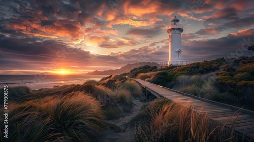 A lighthouse on the coast during dramatic sunset light and glow, with wooden boardwalks leading up to it, sunset lighting, 