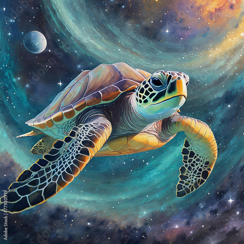 a sea turtle swimming in space
