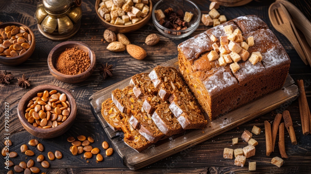 Artisanal Cinnamon Loaf Cake with Almonds, Sugar Cubes on Rustic Wooden Table with Spices Artisanal Cinnamon Loaf Cake with Almonds, Sugar Cubes on Rustic Wooden Table with Spices