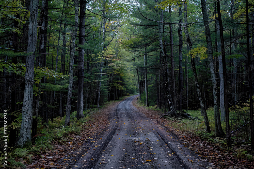 Obraz premium Dark green forest road through dense trees, tranquil wilderness, secluded path in the woods