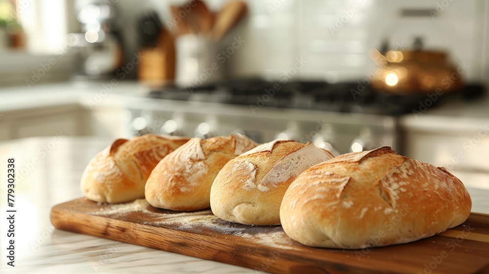 Freshly Baked Bread Loaves on Wooden Cutting Board in Modern Kitchen with Blurred Background Freshly Baked Bread Loaves on Wooden Cutting Board in Modern Kitchen with Blurred Background