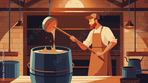 In a cozy kitchen a home brewer carefully stirs a thick dark liquid in a large pot their wooden s clinking against the metal sides. As they
