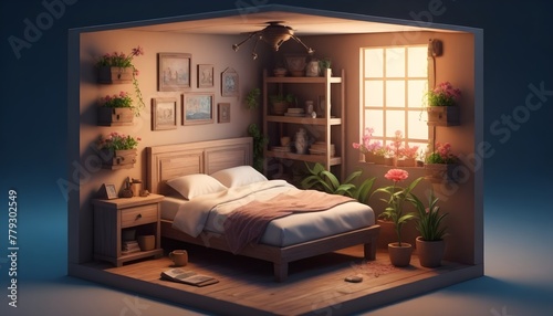 Cube cutout of an isometric room 3d art, soft lighting, high detail, concept art, behance, ray tracing, with jack sparrow inside, flowers inside