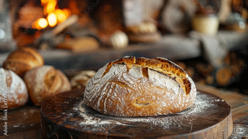 Artisan Sourdough Bread on Wooden Board in Rustic Bakery with Warm Fire Oven Background, Freshly Baked Loaf with Crust