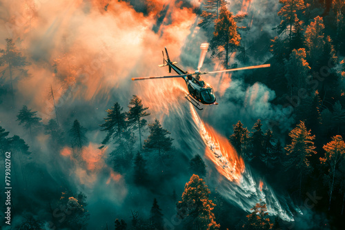 Helicopter battling a fierce forest fire, dropping water amidst smoke and flames to contain the environmental disaster