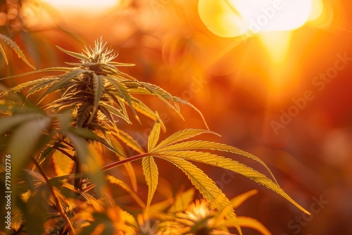 Green cannabis Bush with large marijuana leaves with hemp seeds during sunset