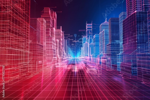 digital illustration of a digital city with glowing neon lines and holographic effects