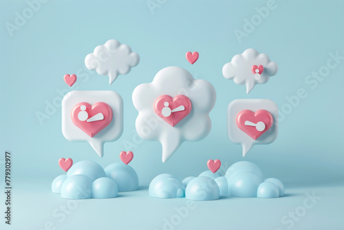 3D Social media platform, online social communication applications concept, emoji, hearts, chat on light blue background. 3d Vector illustration. Message notification. Cloud new message 3d messenger © Ahtesham